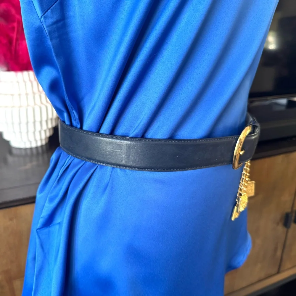 Anne Klein Black Leather Belt with Gold Lion Charms